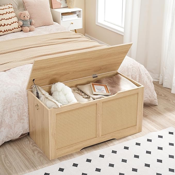 HOOBRO Storage Bench, 39.3" Toy Box, Rattan-Like Storage Chest, Sturdy Entryway Bench Supports 220 lb, Toy Chest, Safety Hinge, U-Shaped Opening, Easy Assembly, Natural NL11CW01 - Image 2