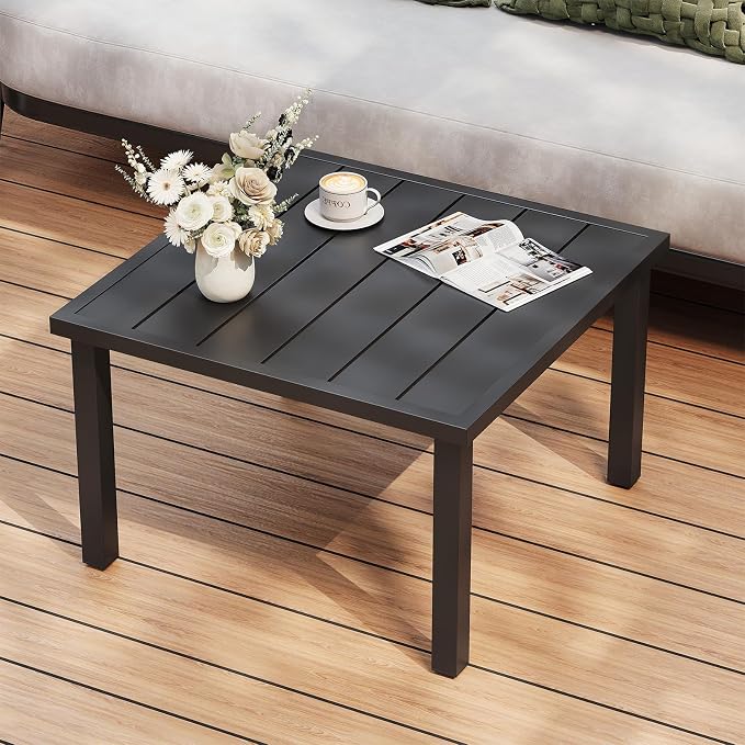 ONBRILL Small Outdoor Coffee Table, 28 Inch Square Patio Coffee Table, Metal Coffee Table for Porch, Backyard, Poolside, Balcony - Black - Image 8