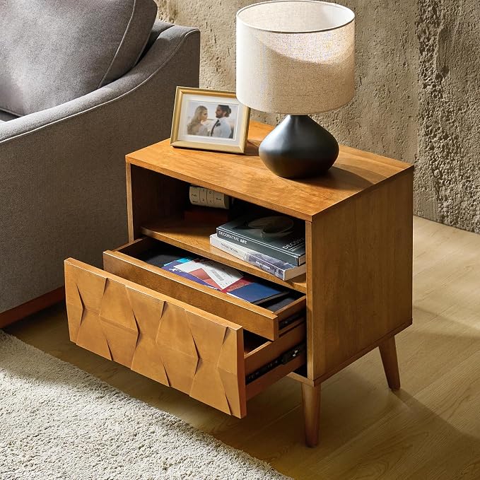HULALA HOME Wood Nightstand with 1 Drawer & Open Shelf, Mid Century Modern Nightstand with Charging Station, Geometric Pattern Bedside Table for Bedroom, Acorn - Image 8