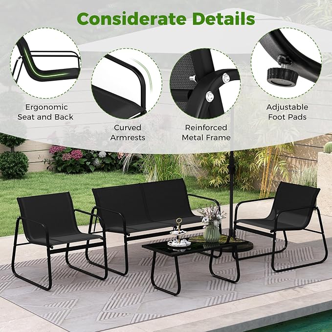 Tangkula 4 Piece Patio Furniture Set, Outdoor Metal Conversation Chair & Coffee Table Set with Mesh Seat Fabric & Tempered Glass Tabletop, Outside Bistro Set for Backyard, Porch, Poolside (1, Black)