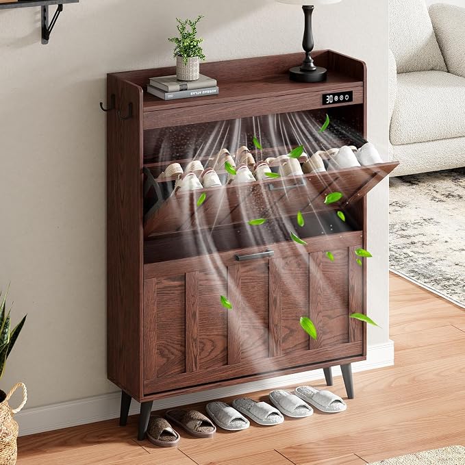 ChooChoo Shoe Storage Cabinet with 2 Flip Drawers, Deodorizing Shoe Organizer Storage for Entryway, Freestanding Hidden Slim Narrow Shoe Rack Cabinet, Walnut by ChooChoo