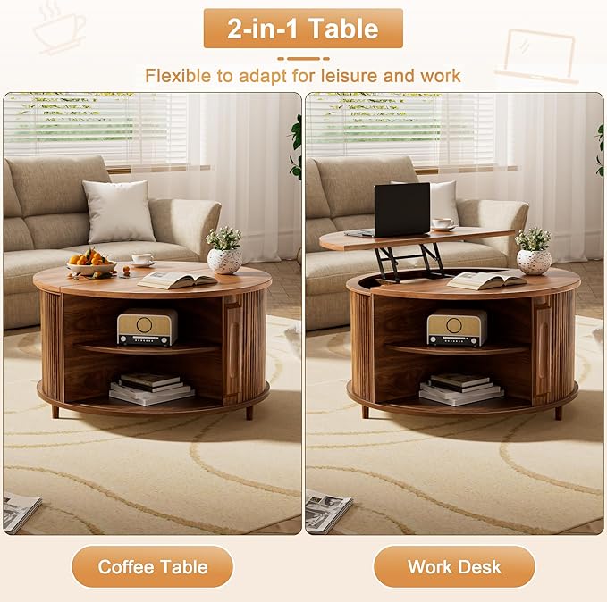 Round Lift Top Coffee Table, 31.5" Fluted Wood Lift Up Center Table with Sliding Door & Hidden Storage – Mid Century Modern Circle Coffee Table for Living Room, Home Office, Apartment (Walnut)