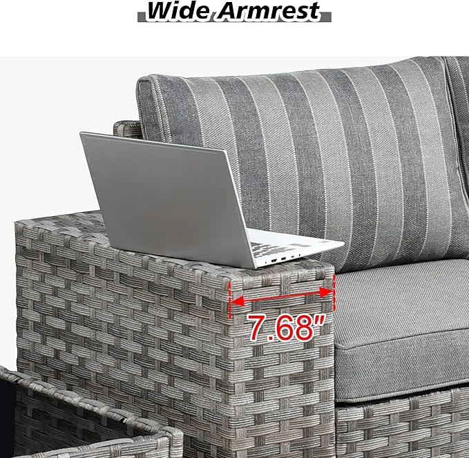 HOOOWOOO Modular Patio Outdoor Sectional Furniture Set with Gas Propane Fire Pit Table,7 Piece Wicker Conversation Sofa Set,Out Door Couch Set with Wide Arm Outside(Grey Stripes)