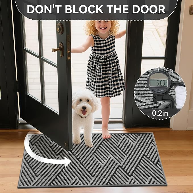 Door Mat Indoor Outside Entrance 17"x30", Low-Profile Non Slip Outdoor Inside Doormat Entryway Mat, Dirt Resistant Absorbent Front Porch Welcome Entry Mats, Washable Easy Clean, Grey - Image 5