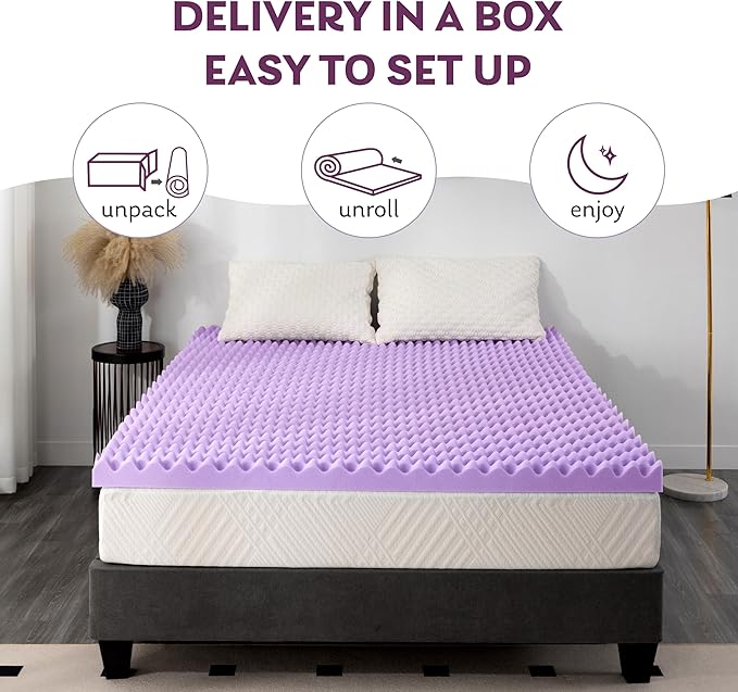 3 Inch Egg Crate Queen Memory Foam Mattress Topper, Lavender Scent Gel Infused Foam Mattress Topper for Pressure Relief, CertiPUR-US Certified Queen Bed Topper, Purple, 60"×80"