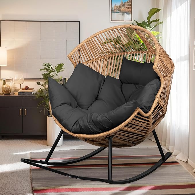 Vongrasig Wicker Egg Chair PE Rattan Rocking Chair with Cushion, Oversized Patio Lounge Rocker Chair for Outdoor, Indoor, Balcony, Backyard, Garden, Black by Vongrasig