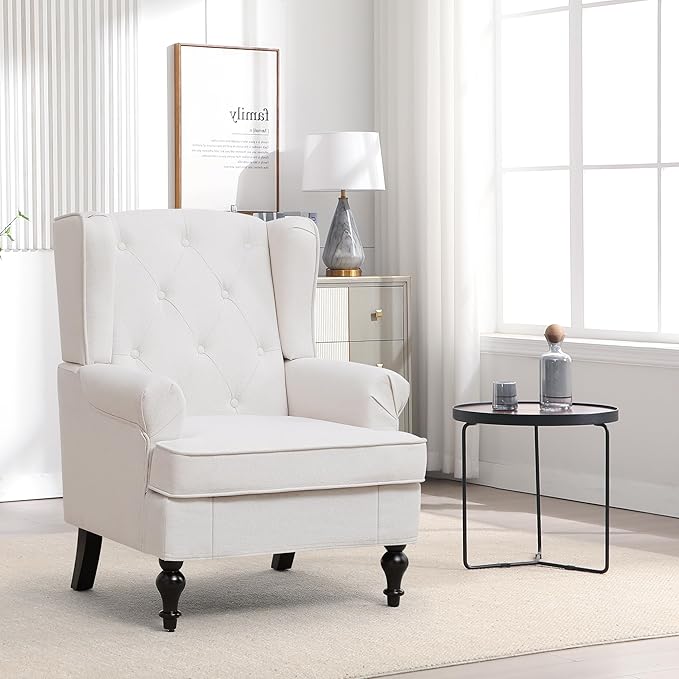 Accent Chair for Living Room, Mid Century Modern Upholstered Armchair, Wingback Chair with Tufted High Back and Solid Legs, Comfy Side Chairs Single Sofa for Bedroom, Beige