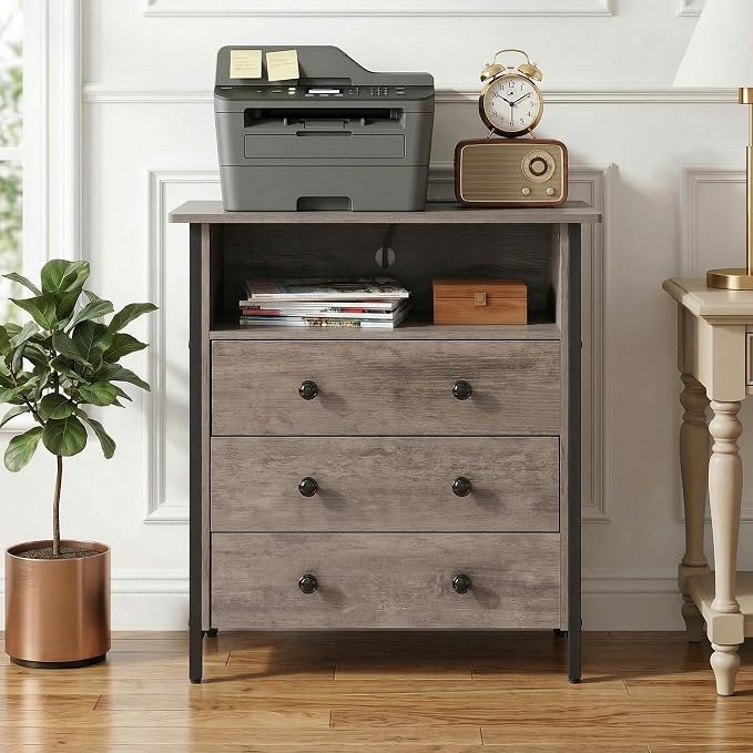 27 Inch Wide Nightstand with Charging Station, Large Nightstand with 3 Wood Drawers & LED Lights, Big Bedside Table with Open Shelf for Bedroom, Guest Room, Office, Gray. - Image 9