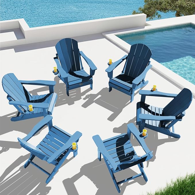 SERWALL Folding Adirondack Chair Set of 6, Weather Resistant HIPS Lawn Chairs with Cup Holder for Garden Outdoors Fire Pit- Sapphire by SERWALL