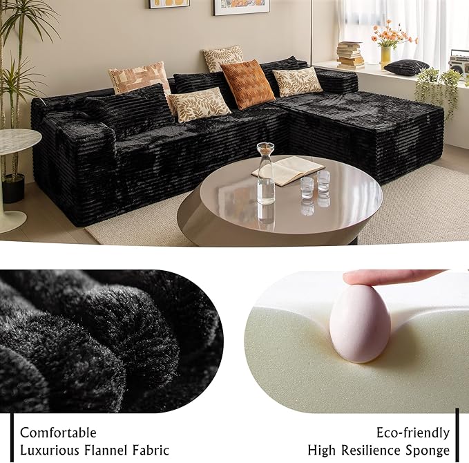 Black sectional couches for Living Room Corduroy Couch，104" Cloud Sectional Couch with L-Shape Chaise， Modern Modular Sofa, Deep Seat Comfort, No Assembly Required(Plush Corduroy Fabric)