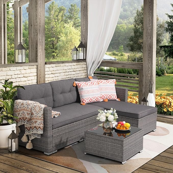 JOIVI Outdoor Patio Furniture Sets, 3-Piece All Weather Wicker Outdoor Conversation Set, Rattan Sectional Sofa Set, Patio Couch with Tempered Glass Table for Porch, Garden, Dark Gray