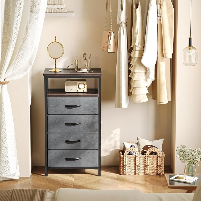 Huuger Night Stand with Charging Station, 4 Drawer Dresser for Bedroom, Bedside Table, 33.9 Inch Tall Nightstand with Open Shelf, End Table, for Closet, Entryway, Bedroom, Walnut - Image 2