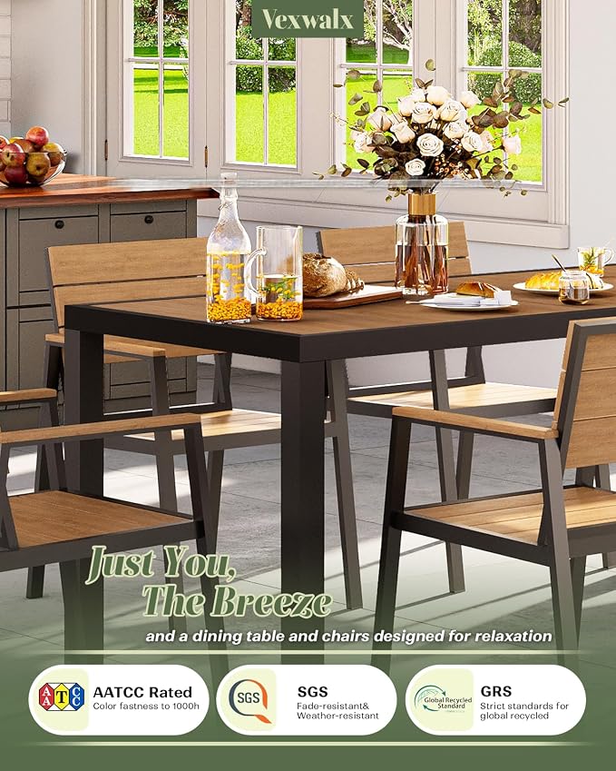 Vexwalx 67" HDPS Outdoor Patio Dining Table, Aluminum-Edged Outdoor Dining Table with Umbrella Hole, Weather-Resistant for Lawn, Garden, Poolside and Indoor Use, Gray&Teak - Image 5