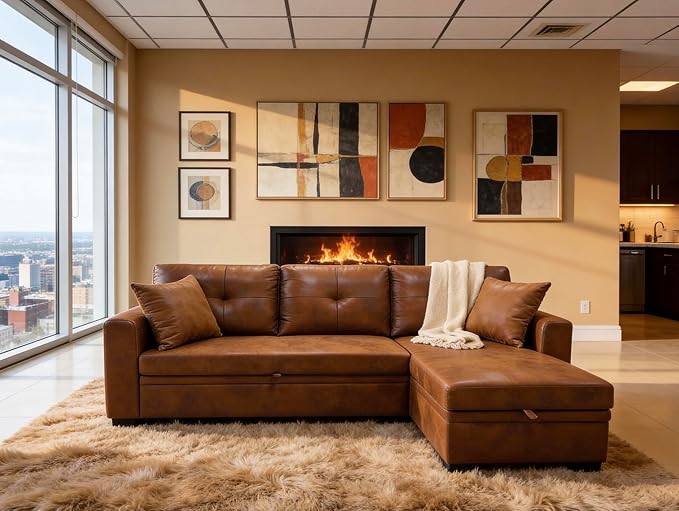 Sectional Sleeper Sofa with Pull Out Bed, L Shape Convertible Sofa Bed Couch with Storage Chaise, 3 in 1 Pull Out Sofa Bed with 3 Seats, for Living Room,Apartment, PU Brown, 76 Inch