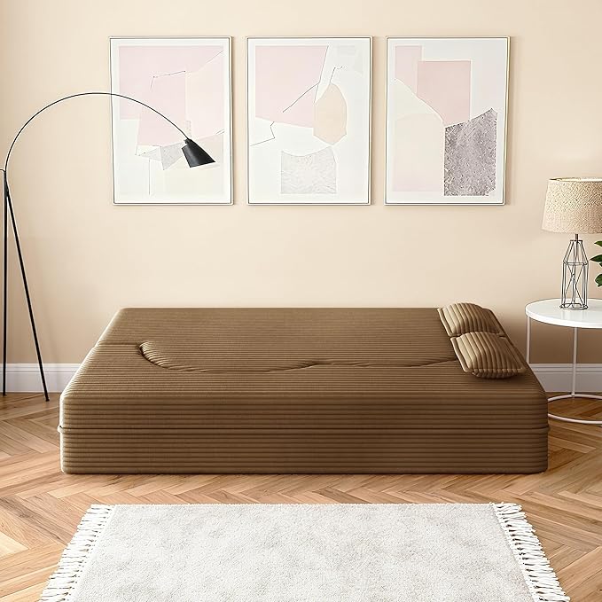 78" Convertible Sofa Bed, 2-in-1 Folding Floor Couch with 2 Pillows, Sleeper Sofa for Living Room and Bedroom, No Assembly Required (Camel, Corduroy Fabric)