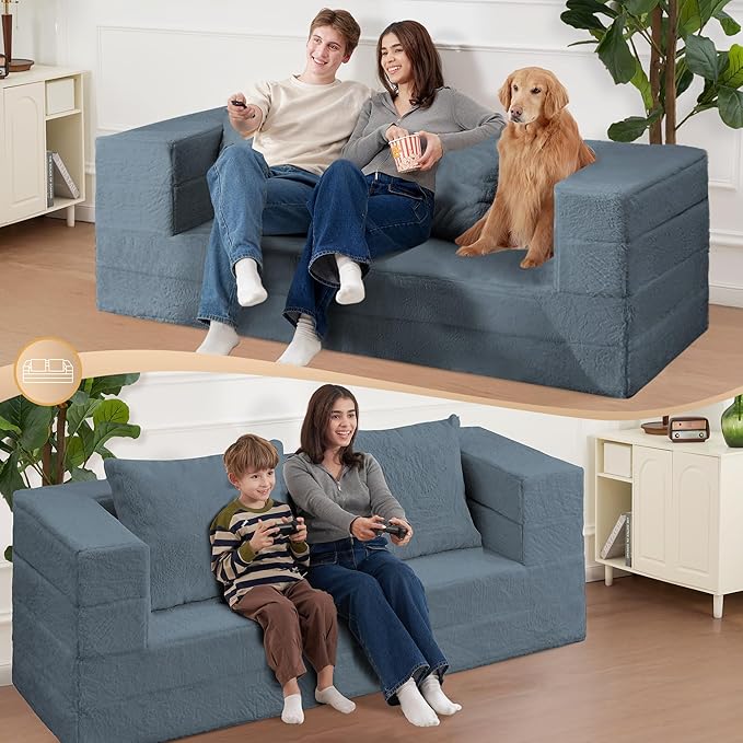 Futon Sofa Bed with Pillow, 3-in-1 Sleeper Sofa Bed with Removable Cover, Convertible Floor Sofa Bed, No Assembly Boneless Couch for Living Room, Bedroom