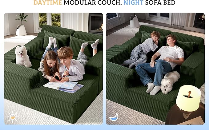Homguava Modular Sectional Couches for Living Room,105" Cloud Couch with L-Shape Chaise,Comfy Sofa Living Room Sofas with Deep Seat,No Assembly L Couch,Corduroy Fabric(Green,L)