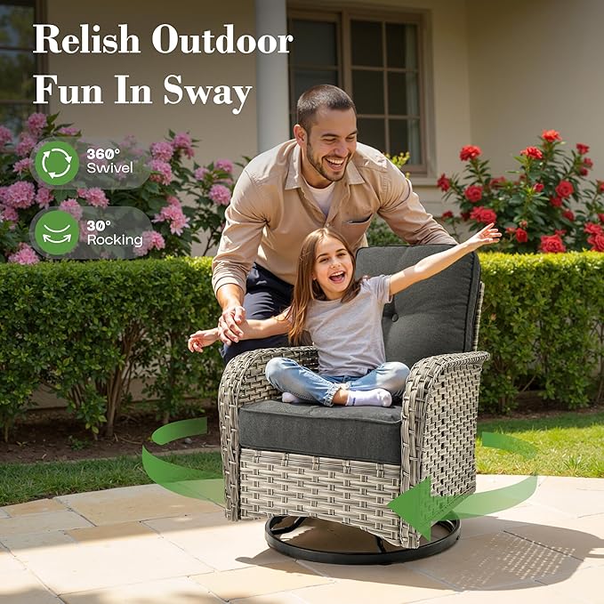 10 Piece Outdoor Patio Furniture with Swivel Rocking Chair, Rattan Wicker Conversation Set with Glowing Coffee Table, Sectional Single Chairs for Porch Balcony Backyard Pool,Black