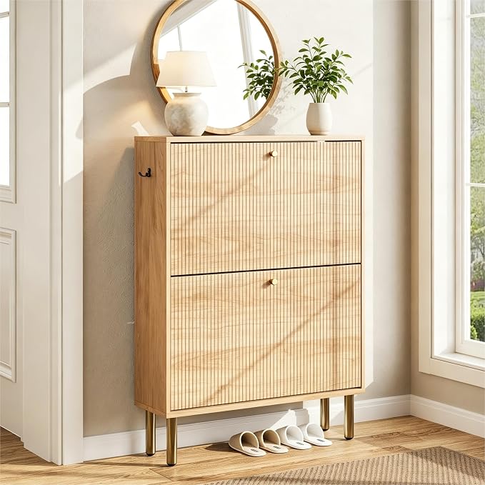 Shoe Storage Cabinet for Entryway - Ultra Slim Shoe Cabinet with Tiered Fluted Design - Modern Shoe Organizer for Entryway with Gold Legs, Hidden Shoe Rack for Small Spaces, Fits Men's Size 13.5 by Nicetree