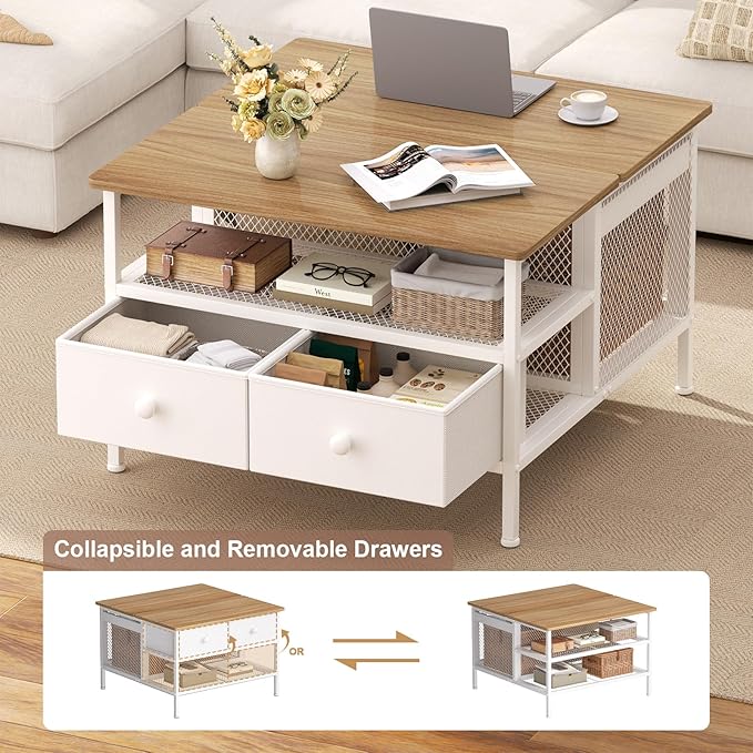 FABATO Lift Top Coffee Table, Square Coffee Table Metal Wood, Farmhouse Lift Up Coffee Tables Cocktail Table with Wire Mesh Barn Door and Storage, Steel Frame, Small Tea Tables for Living Room, White