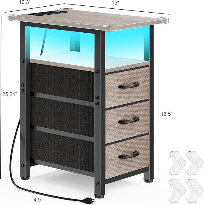 Vagusicc Set of 2 Nightstand with Charging Station and LED Lights, Narrow End Table, LED Night Stand with 3 Fabric Drawers for Bedroom, Small Bedside Table, Narrow Side Table for Small Spaces, Greige - Image 3