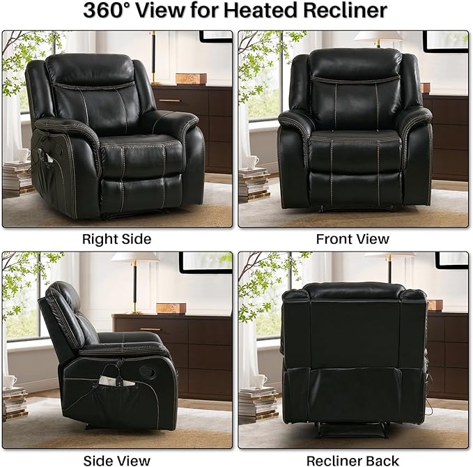 Massage Recliner Chair with Heat, Faux Leather Recliner Chairs for Adults, 39" Wide Manual Reclining Ergonomic Lounge Chair, Overstuffed Wall Hugger Recliners for Living Room, Black
