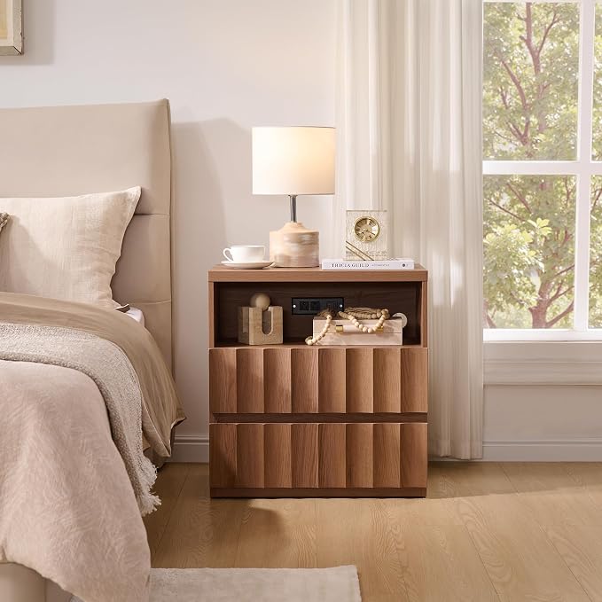 VividVibe Wide Fluted Nightstand Set of 2 with Charging Station, Side Table with Discreet Rear Cord Cutouts, 2 Drawers Wooden Modern Organic End Table Bedside Table for Bedroom Home Office Amber Oak - Image 7