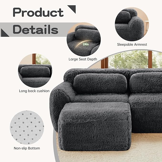80.4-Inch Boneless Love Seat Couches in a Box, Modern 2 Seat Floor Modular Foam Cloud Sofa Faux Fur Loveseat Couch W/Angle Armrests for Home Apartments Bedroom