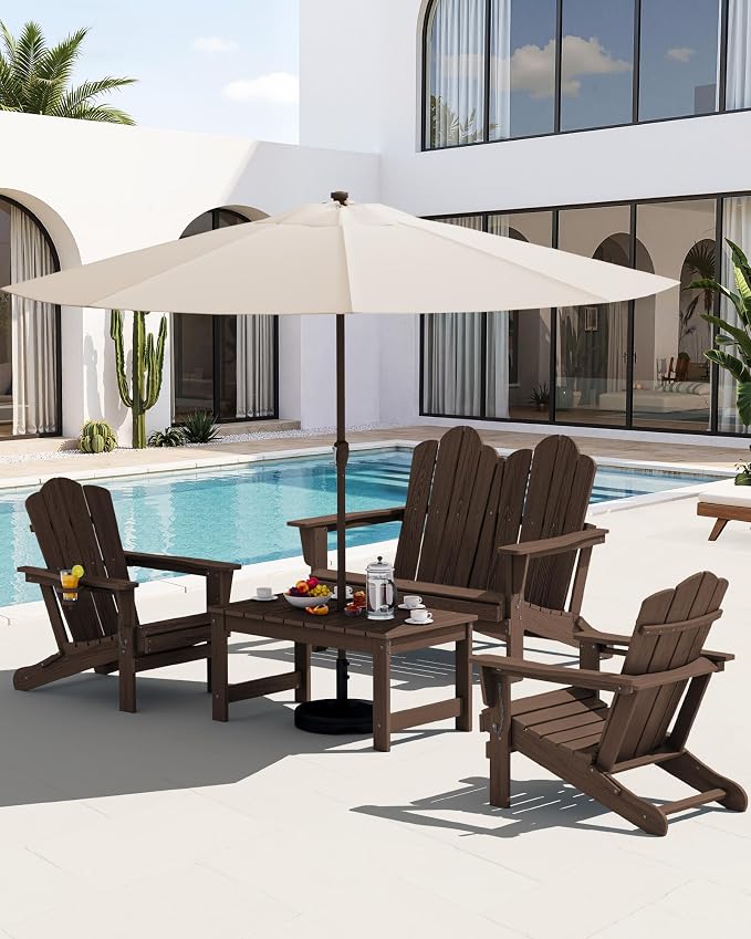 SERWALL Outdoor Coffee Table with 9FT Umbrella, HDPE Patio Coffee Table for Outside, Rectangle, Coffee(Not Include Umbrella Base) - Image 10