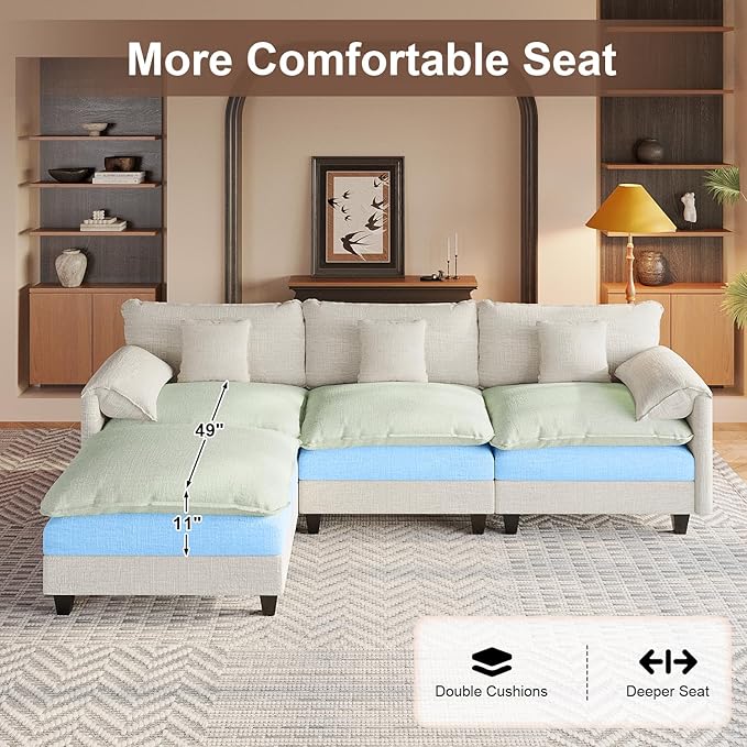 Modular Sectional Sofa, 108” Comfy Cloud Couch with Movable Ottoman | Charging Station | Side Pocket | Throw Pillow, Modern L-Shaped Couches for Living Room, Chenille, White