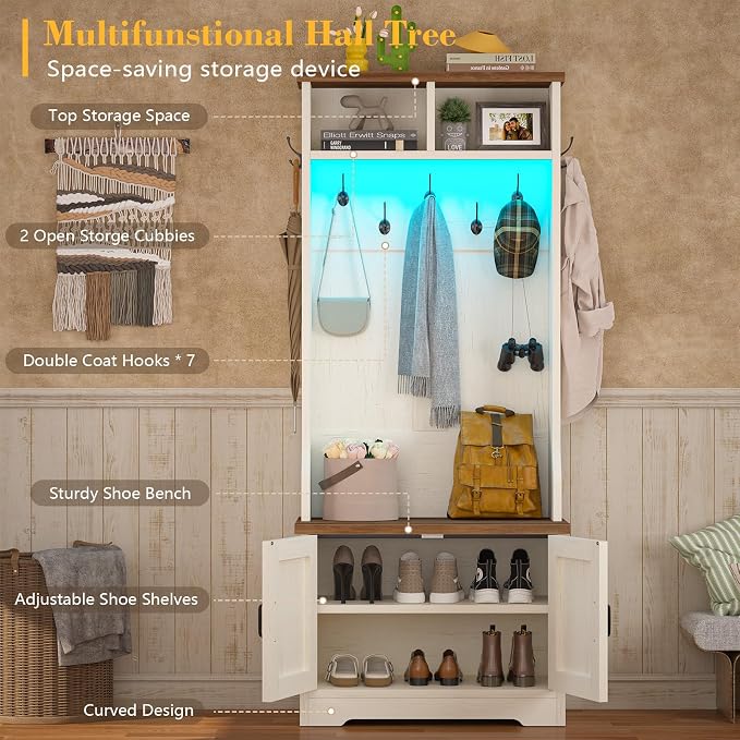 CSZZD Hall Tree with Bench and Shoe Storage, Entryway Bench with Coat Racks and Led Lights, Farmhouse Small Hall Tree with Shoe Cabinet, 7 Coat Hooks, 6 Storage Cubbies, Adjustable Shelf - Image 2