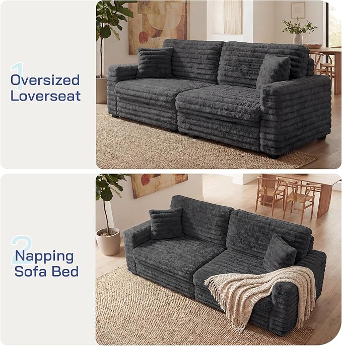 Plush Corduroy Loveseat Sofa, Fluffy Love Seat Sectional Couch, Oversized Deep Seat Sofa with 2 Pillows, Apartment and Small Space Sofas, Dark Grey
