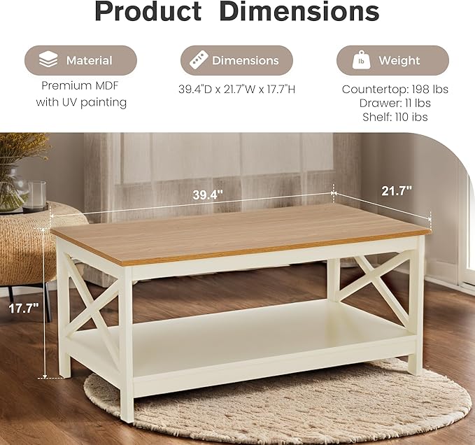 PHI VILLA Farmhouse Coffee Table for Living Room, White Coffee Tables with Storage Rustic Style Modern