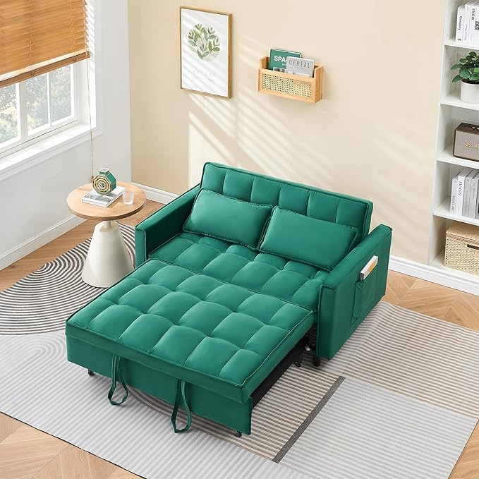 55" Modern Velvet Loveseat Sleeper Sofa, 3-in-1 Convertible Pull-Out Bed with Adjustable Backrest, 2 Pillows & Side Pockets, Small Pull Out Couch for Living Room, Apartment(Green)