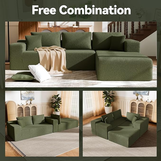 106" Modular Sectional Sofa, Green Wool Cloud Couch with Left Chaise, Deep Seat Boneless Floor Sofa for Living Room, High-Resilience Foam Support, No Assembly Required, Includes Pillows | Sectional Sofa, Corduroy Cloud, Boneless, High-Resilience, No As...
