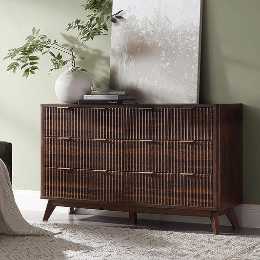 T4TREAM Fluted 6 Drawers Dresser, 54" Wide Modern Chest of Drawers, Curved Profile Design, Dresser TV Stand, Wood Drawer Organizer for Bedroom, Living Room, Hallway, Dark Walnut by T4TREAMFurniture