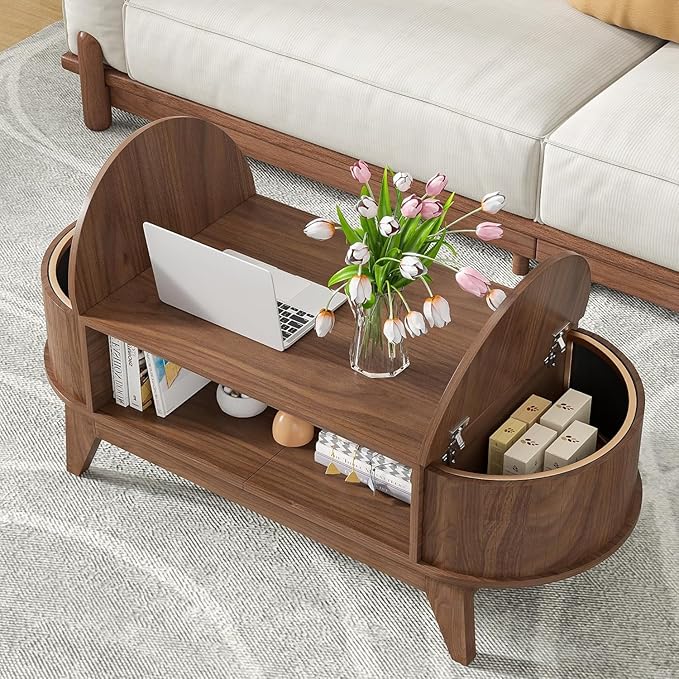 46.45'' Oval Coffee Tables for Living Room, Mid Century Modern Coffee Table with Storage, Wood Fluted Accent Center Table with Flip-Top Lids for Home,Office(Walnut)