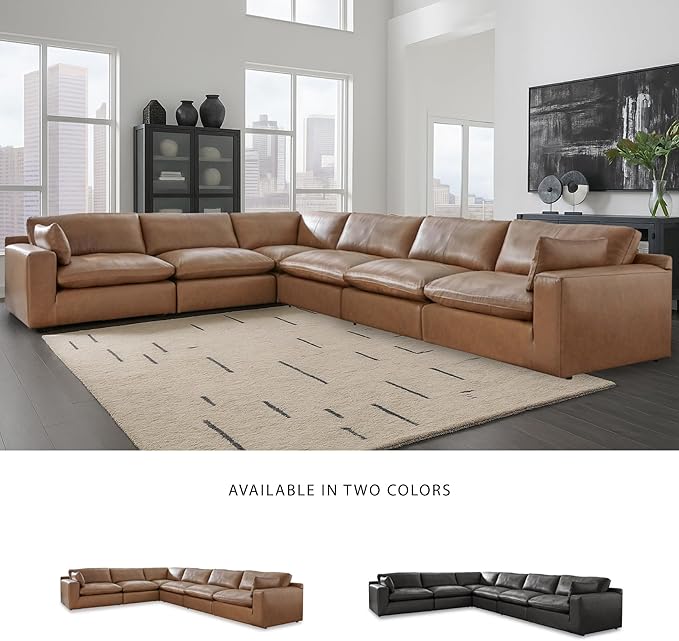 Signature Design by Ashley Emilia Modern L-Shaped Leather Match Modular Anti Sag 6-Piece Sectional with Loose Back Cushions and 2 Bolster Pillows, Orange