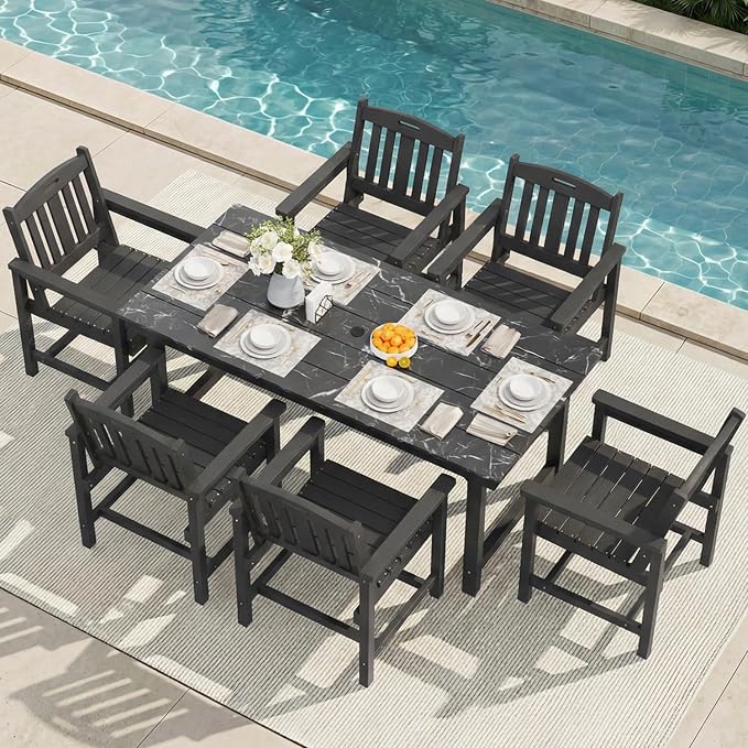 Mdeam 7-Piece HIPS Outdoor Dining Set, 66.9" Marble Texture Patio Table with Umbrella Hole, 440LBS Capacity, 6 Wider Chairs,Dining Table Set for 6, Outdoor Furniture with Galvanized Steel Frame, Black by MDEAM