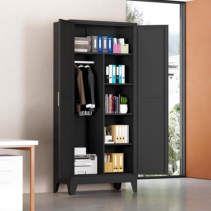 71" Steel Combination Wardrobe Closet, Metal Storage Wardrobe Cabinet with 2 Doors, Hanging Rod & Shelves, Black Metal Armoire Wardrobes Clothing Coat Cabinet for Bedroom, Office, School