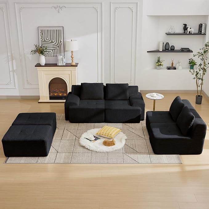Modular Sectional Sofa with Movable Ottoman, 4 Seat Deep Seat Couch with 4 Pillows, Comfy Cloud Sectional Sofa for Living Room, Bedroom and Apartment (Black, 1 Left+1 Right+2 Middle+2 Ottoman)