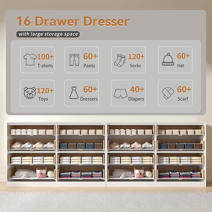 Dresser for Bedroom Set of 2, Fluted 16 Drawers White Dresser Wooden, Modern Bedroom Furniture Set, TV Stand Long Dressers & Chests of Drawers for Closet(15.7" D x 110.2" W x 36" H)