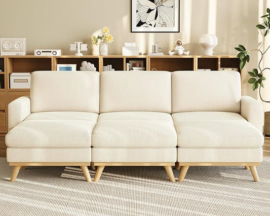 Vesgantti 97" Modular Sectional Sofa Beige, Sectional Couch with Movable Ottoman, Comfy Corduroy Couch with Spring Cushion, Modular Sofa with Deep Seat for Living Room, Bedroom and Apartment
