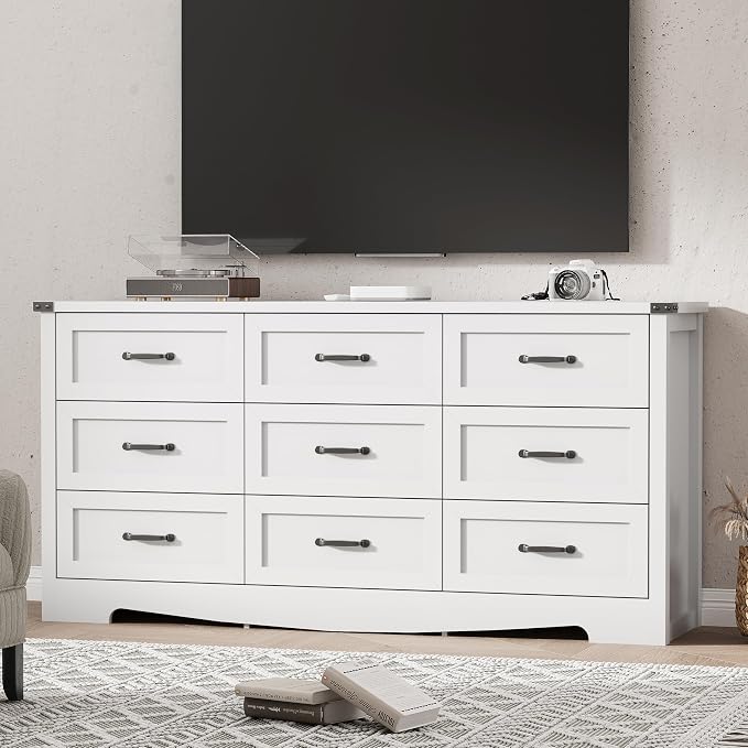 Dresser for Bedroom with 9 Drawers, 59" Wide Modern Chest of Drawers with Deep Drawers & Mental Handle, Wood Dresser TV Stand, Wooden Closet Storage Organizer for Living Room, Hallway, Entryway, White - Image 7