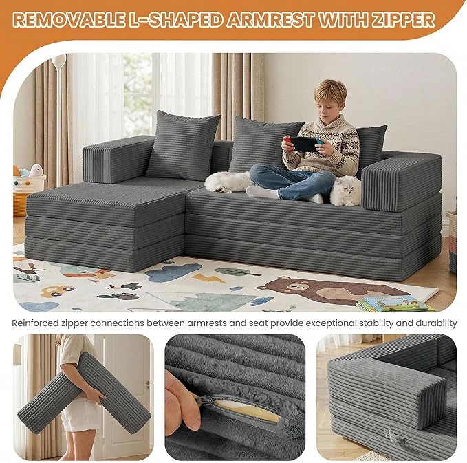 Modular Sectional Sofa, Boneless Convertible Oversized Sleeper Sofa Bed, Modern Tri-Folding Cloud Couch with L-Shape Chaise, Corduroy Futon Couches for Living Room Small Spaces Apartment,No Assembly