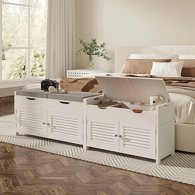 ChooChoo Shoe Storage Bench with Lift Top Storage, Entryway Bench with 2 Cushioned Seats, 3 Compartments, Adjustable Shelf, Shoe Cabinet for Entryway, Bedroom, Living Room, White - Image 5