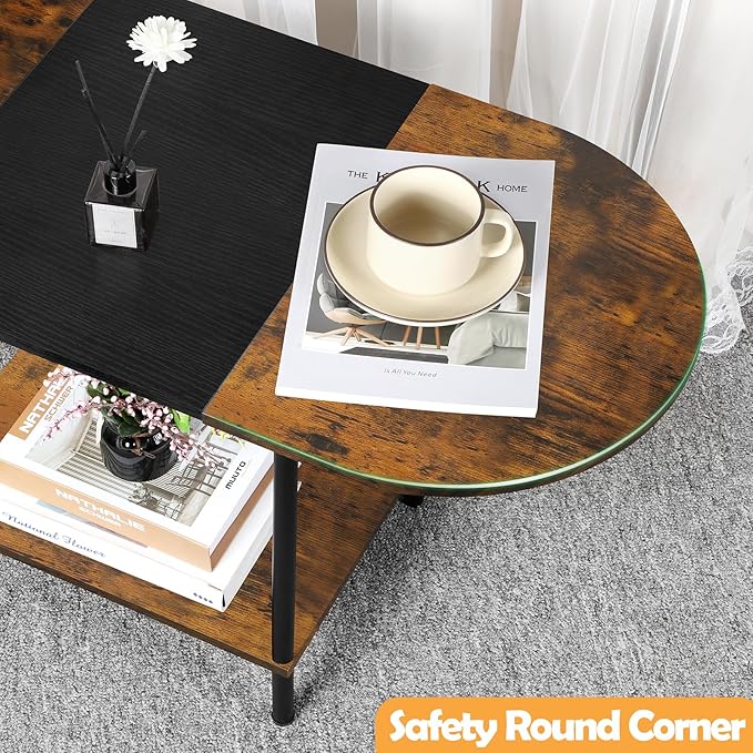 Shinoske Coffee Tables for Living Room,2-Tier Small Coffee Table Farmhouse Oval Center Table with Storage Shelf and Wood Tabletop,for Small Space,Home Office,Black & Brown