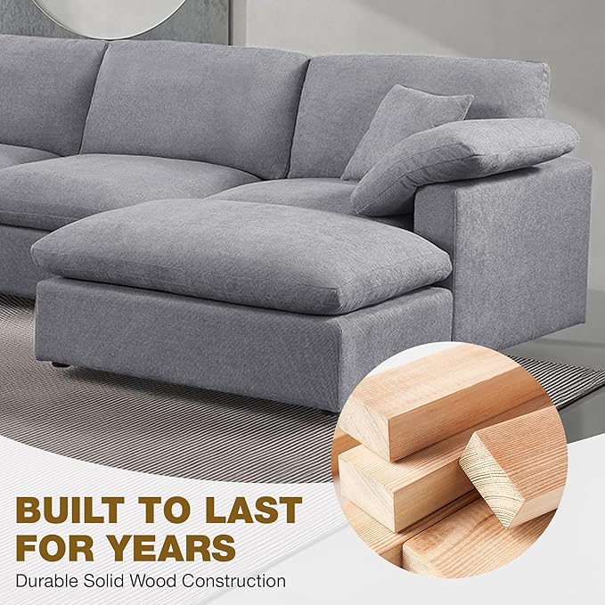 144-Inch Oversized L-Shaped Symmetrical Sectional Cloud Sofa,Modern 8 Seat Modular Cloud Sofa Luxury Convertible Couch with 6 Pillows and Movable Ottoman for Living Room