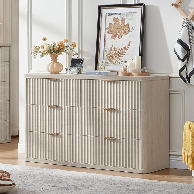 LEYAOYAO Fluted 6 Drawers Dresser Set of 2, 48" Wide Modern Chest of Drawers with Metal Handle, Light Grey Curved Profile Dresser TV Stand, Wooden Drawer Organizer for Bedroom, Living Room, Hallway - Image 4
