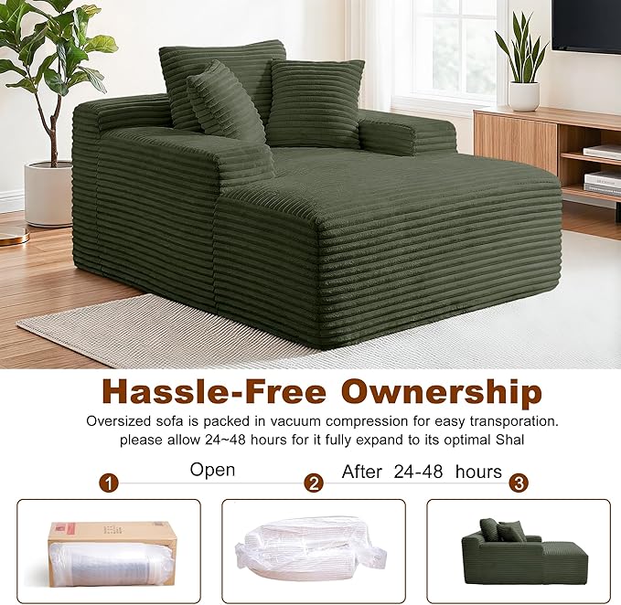 67 Inch Chaise Lounge Chair Indoor, Oversized Corduroy Upholstered Boneless Sofa Bed with Amrests and 2 Pillows Cloud Sleeper Couch Reading Chair for Living Room